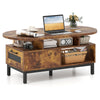 Oval coffee table in rustic brown with open compartments and storage, perfect for living room organization and style.