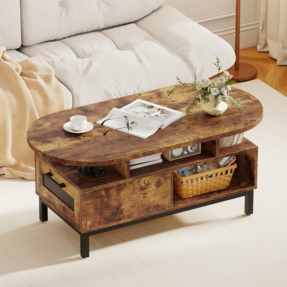 Oval coffee table in rustic brown with storage compartments, featuring a durable design and elegant round edges for.