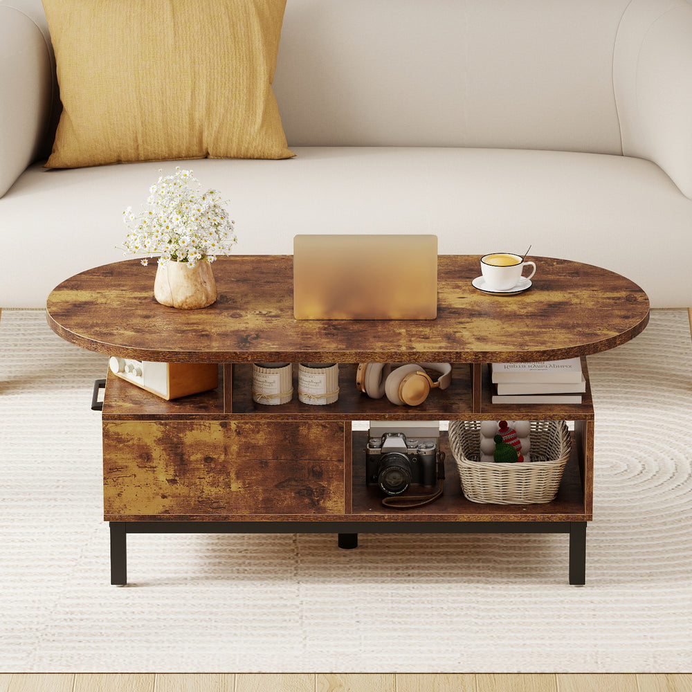 Front view of the 47-inch oval coffee table in rustic brown, highlighting its ample storage space and elegant design.
