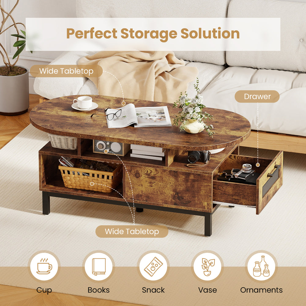 Oval coffee table in rustic brown with open compartments and drawer, perfect for living room storage and decor.