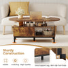 Oval coffee table in rustic brown with open compartments, sturdy 5-leg support, and non-slip foot pads for living room.