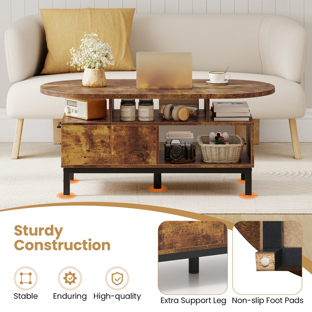 Oval coffee table in rustic brown with open compartments, sturdy 5-leg support, and non-slip foot pads for living room.