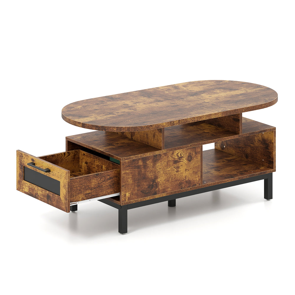 Oval coffee table in rustic brown with storage drawer and open compartments, perfect for living room decor and.