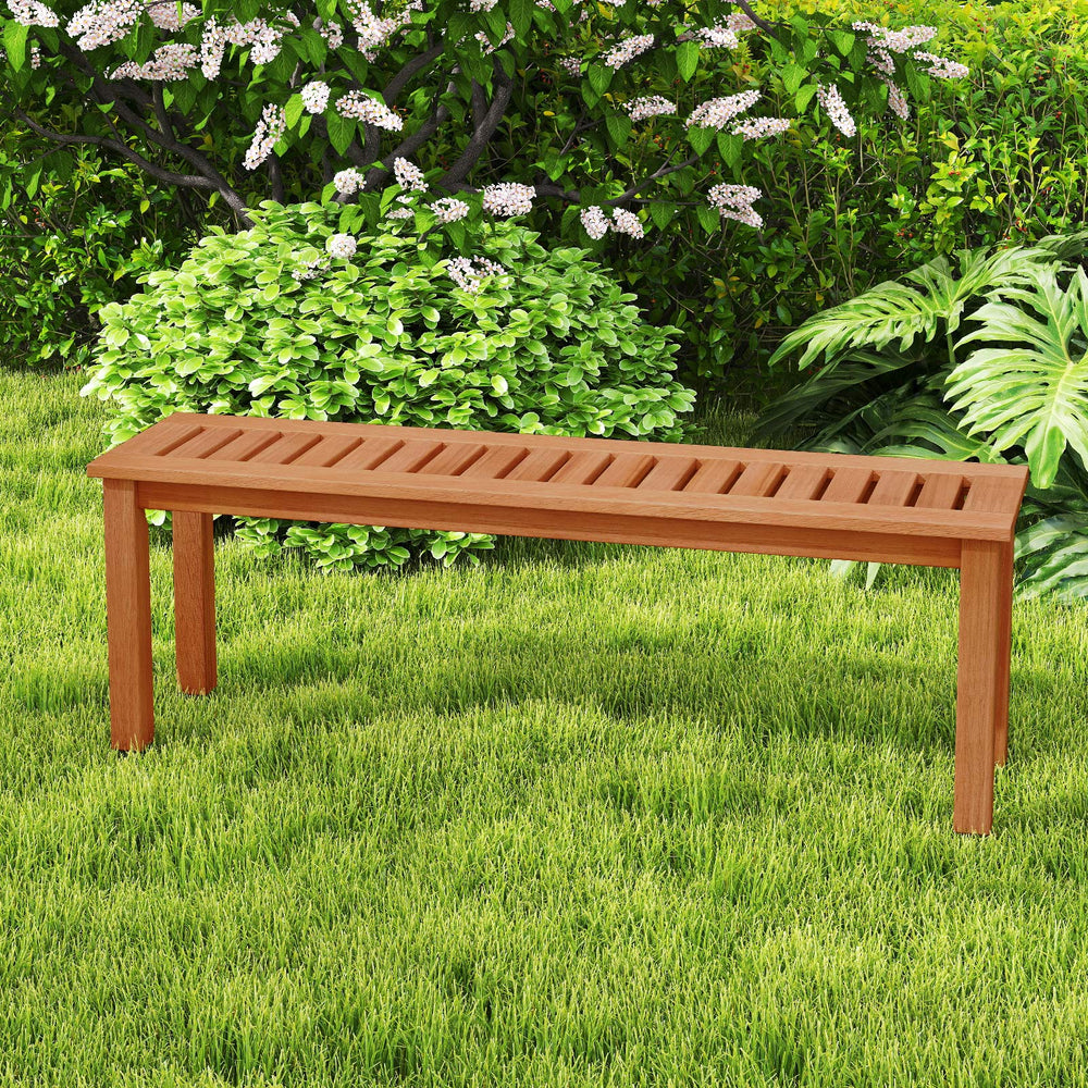47-inch patio wood bench with slatted seat, made of solid wood, suitable for garden or balcony use, accommodates 2.
