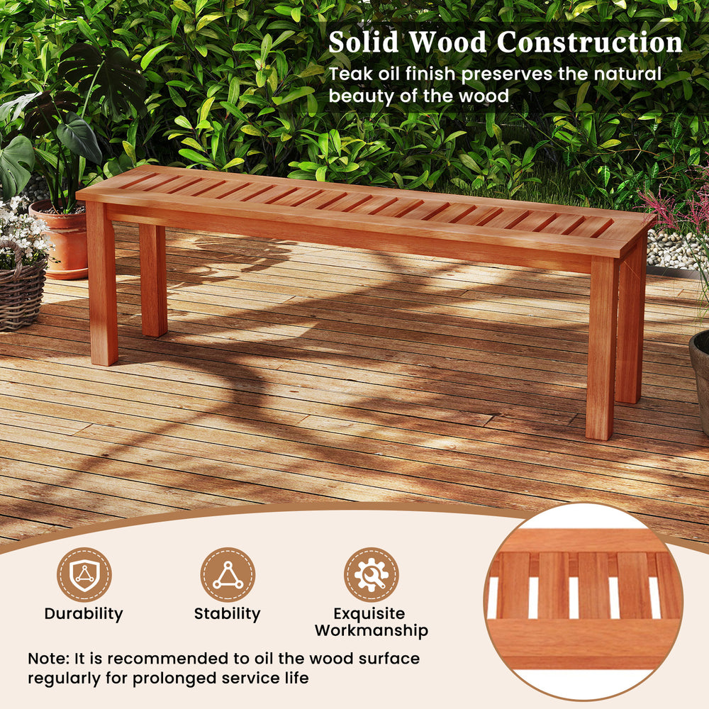 47-inch patio wood bench with slatted seat, made of solid wood, suitable for garden or poolside use.