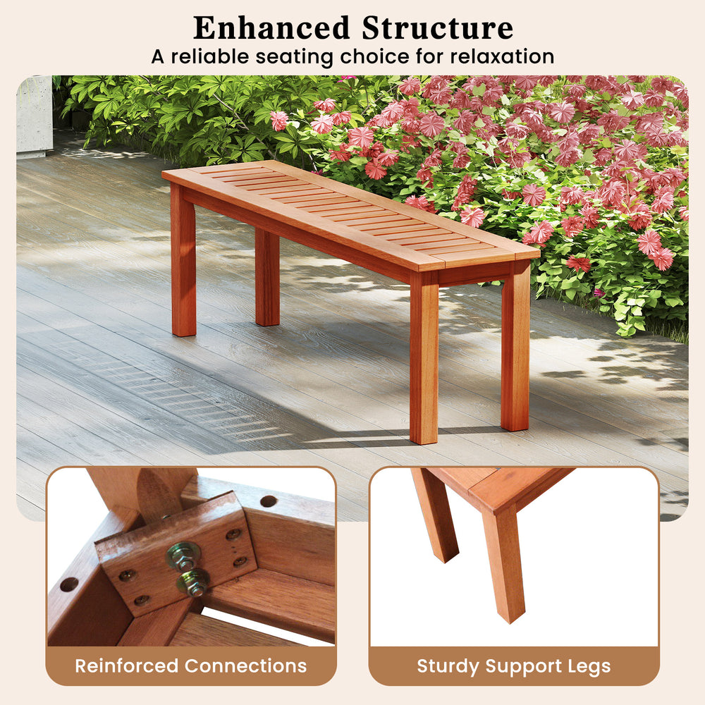 47-inch patio wood bench with slatted seat, made of solid wood, suitable for garden or poolside relaxation.