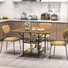 Rectangular dining table with rustic brown wood texture, metal legs, and 2 open storage shelves for 4-6 people.