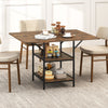 Rectangular 47-inch dining table in rustic brown with 2 open storage shelves and sturdy metal legs for 4-6 people.