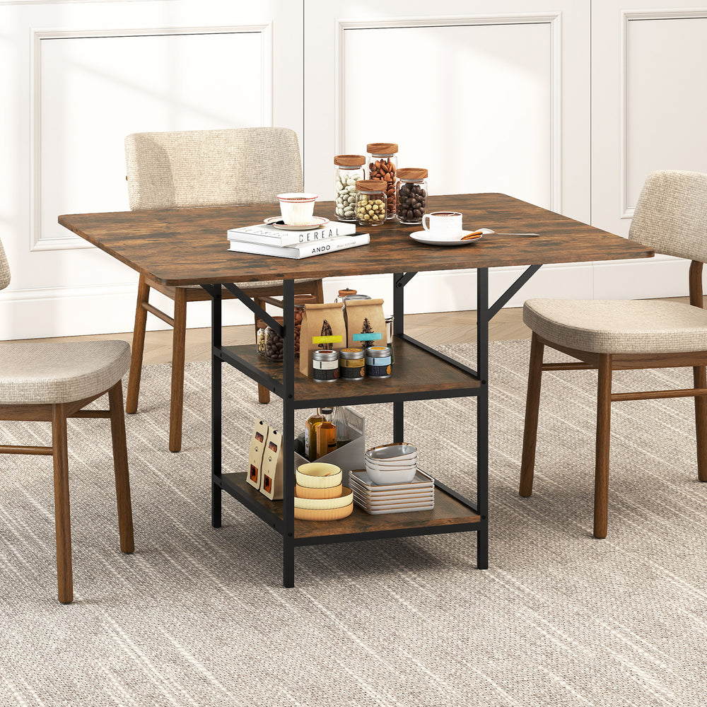 Rectangular 47-inch dining table in rustic brown with 2 open storage shelves and sturdy metal legs for 4-6 people.
