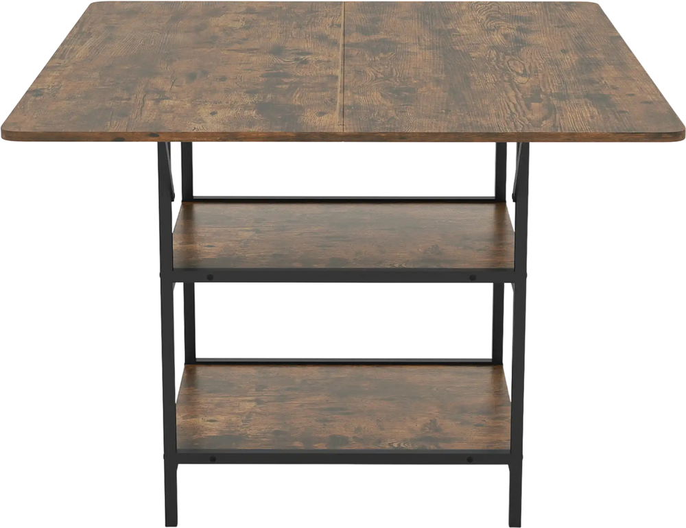 Rectangular 47-inch dining table in rustic brown with sturdy metal legs and 2 open storage shelves for 4-6 people.