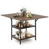 47-inch rectangular dining table in rustic brown with 2 open storage shelves, sturdy metal legs, and rounded corners.