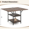 47-inch rectangular dining table with rustic brown wood texture, sturdy metal legs, and two open storage shelves.