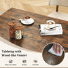 Rectangular dining table with rustic brown wood-like veneer, featuring open storage shelves and sturdy metal legs.