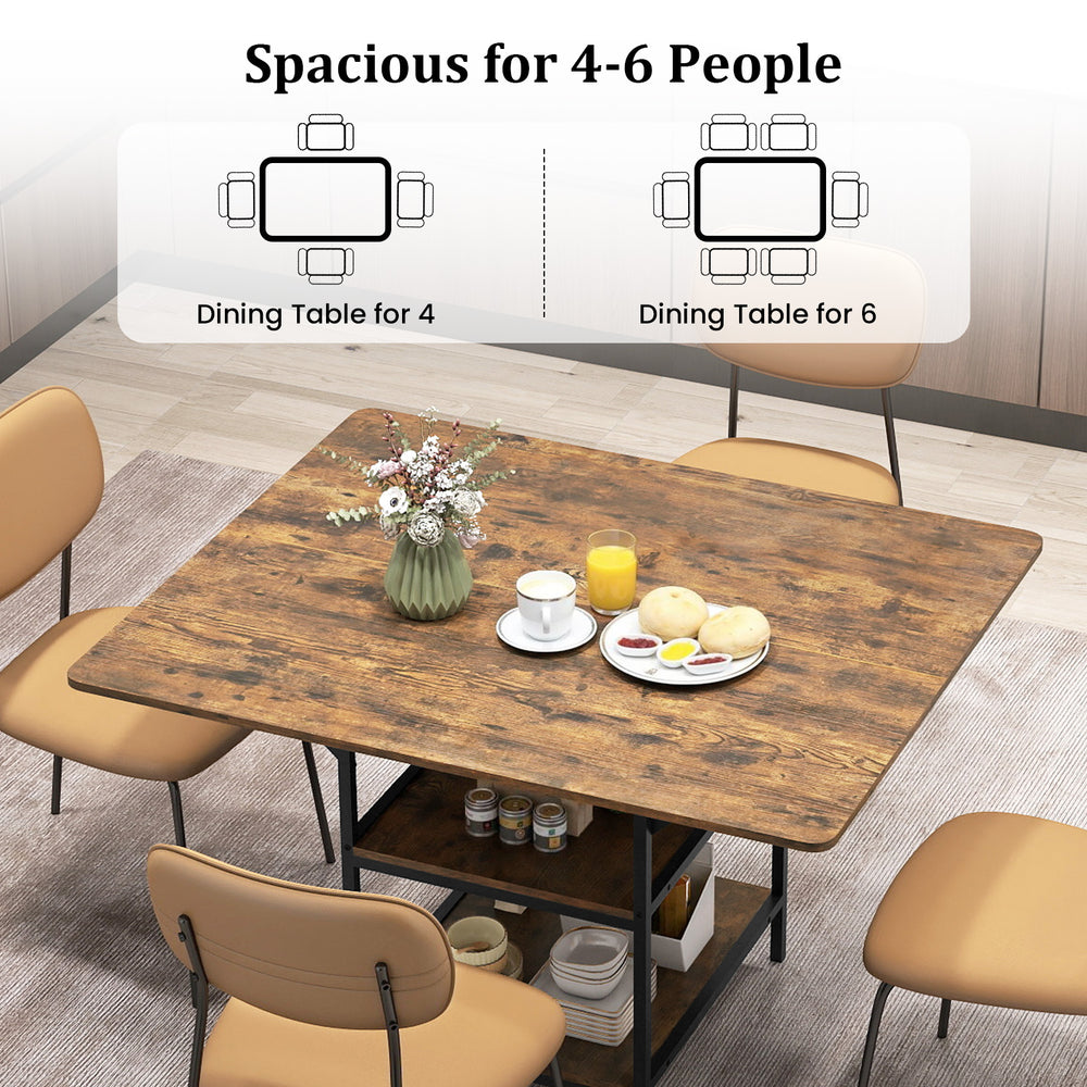 47-inch rectangular dining table in rustic brown with 2 open storage shelves, seating 4-6 people for versatile dining.