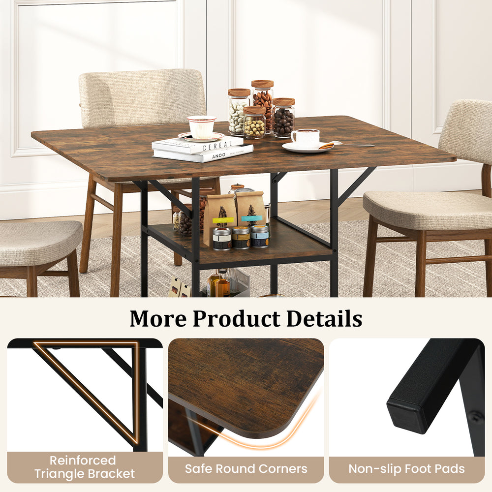 Rectangular 47-inch dining table in rustic brown with metal legs, featuring 2 open shelves and safe round corners for.