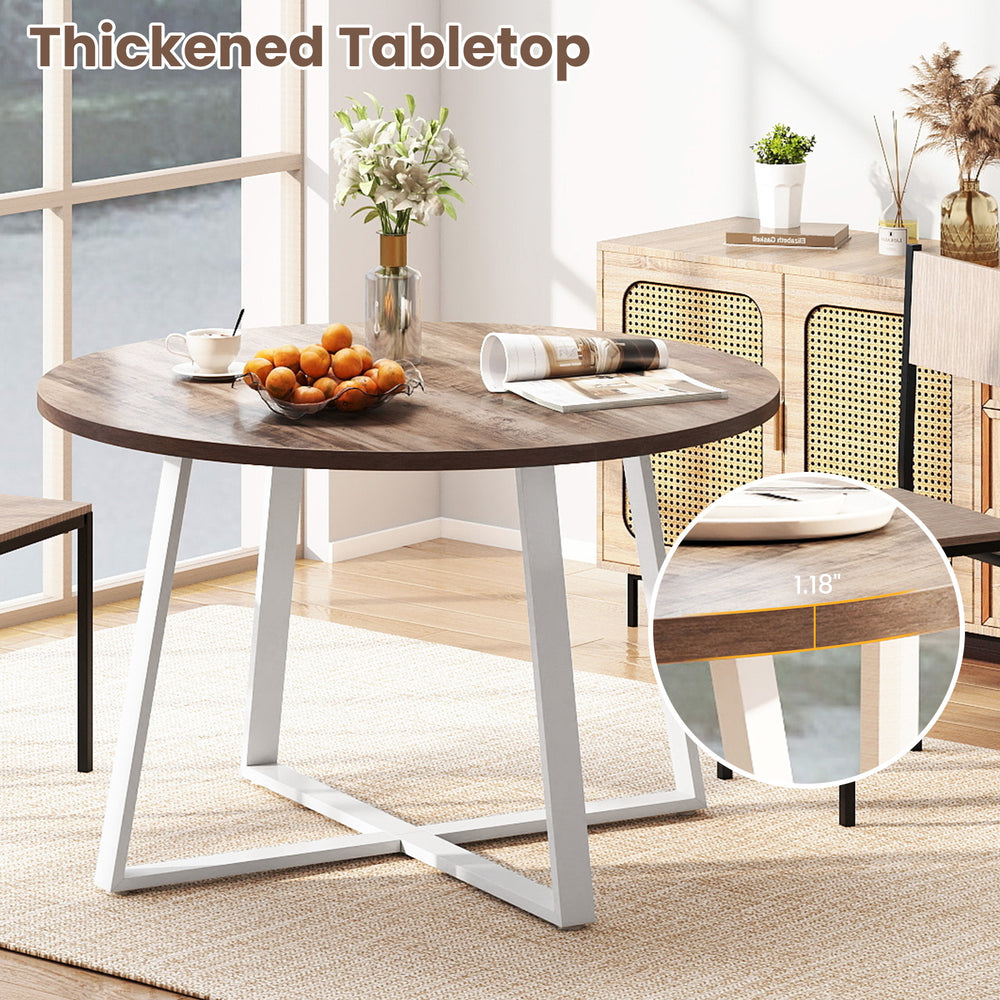 Round dining table with thickened tabletop, 47" diameter, rustic antique finish, stable X-shaped base for dining rooms.