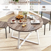 Round 47-inch dining table with a natural wood-grain surface and stable X-shaped base, ideal for dining and living.