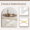 Round 47-inch dining table with a natural wood-grain surface and stable X-shaped base, ideal for various settings.