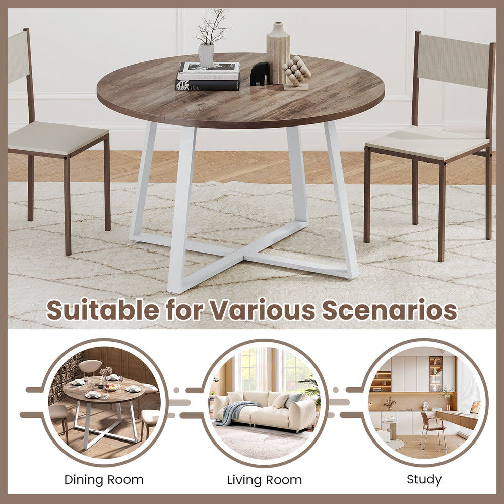 Round 47" dining table with a rustic wood-grain surface and stable X-shaped base, ideal for dining rooms and studies.