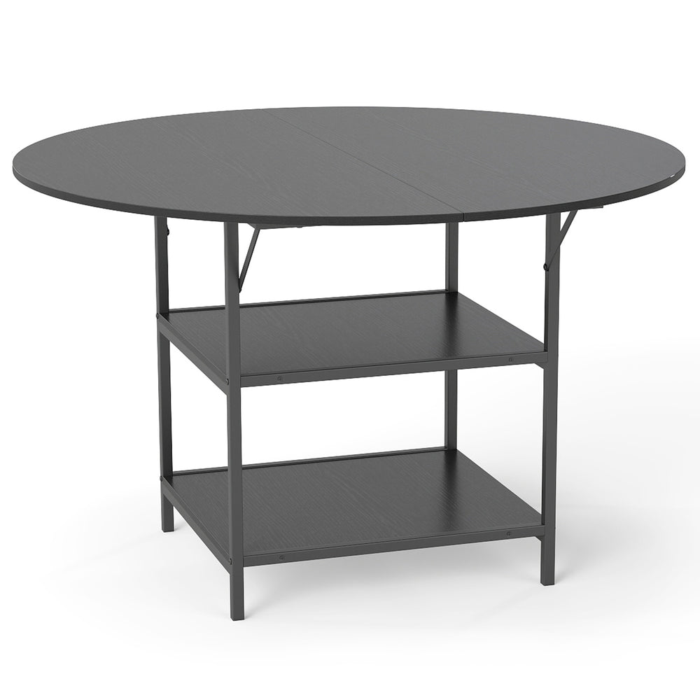 Side view of the 47-inch round dining table in black, featuring a sturdy metal frame and spacious 2-tier shelves for.