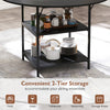 Round dining table with 2-tier storage shelves, black finish, perfect for 4-6 people in kitchen or dining area.