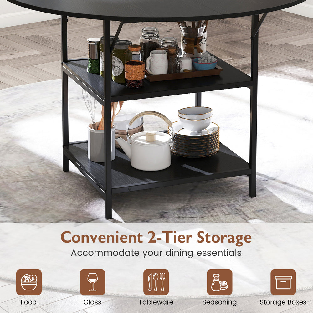 Round dining table with 2-tier storage shelves, black finish, perfect for 4-6 people in kitchen or dining area.