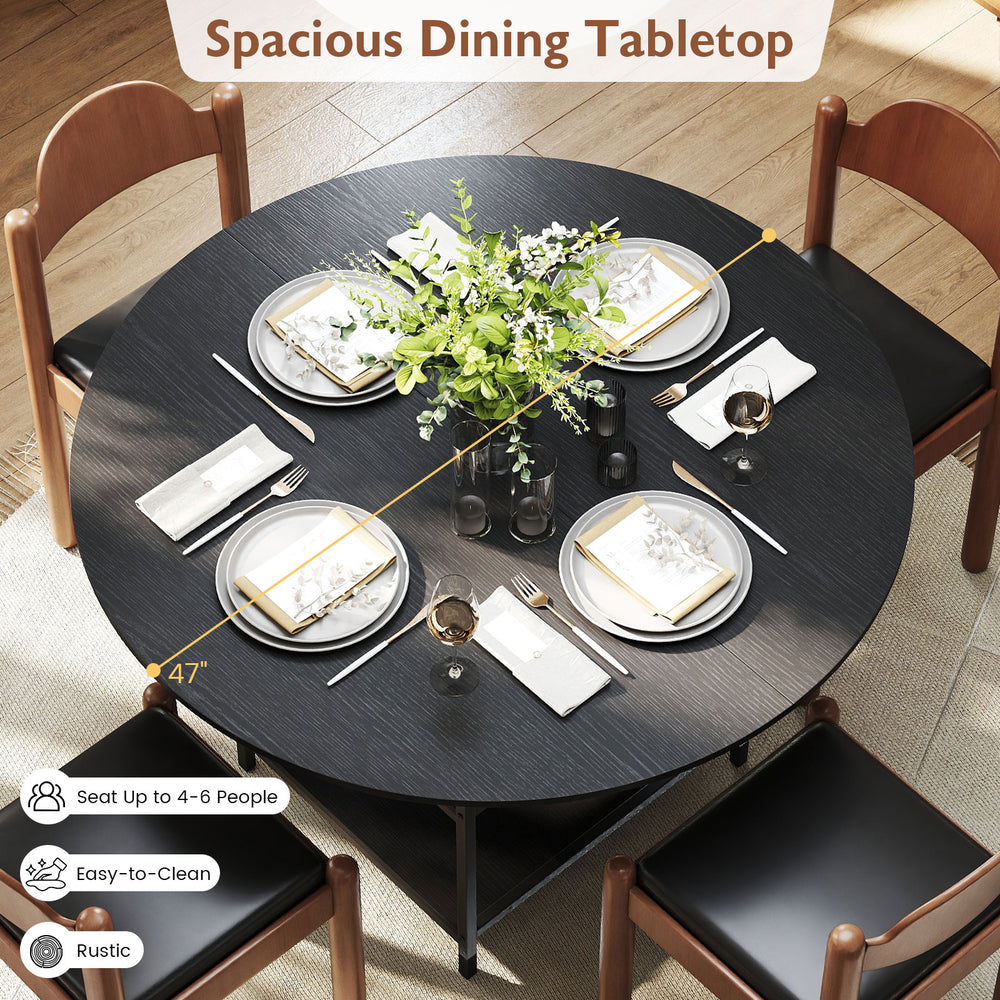 Round 47-inch dining table in black, seating 4-6, with 2-tier storage shelves, perfect for kitchen or apartment use.