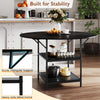 Round 47-inch black dining table with 2-tier storage shelves, sturdy metal frame, ideal for kitchen or apartment use.