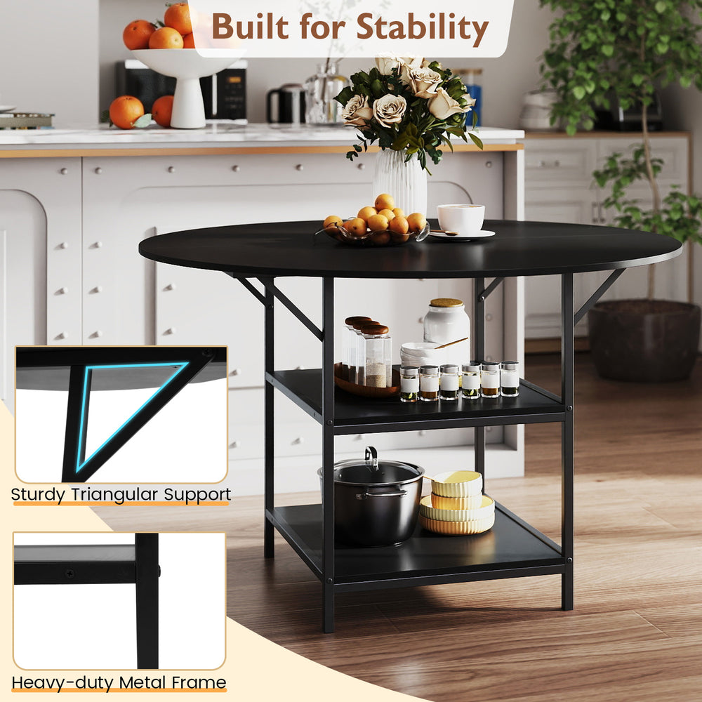 Round 47-inch black dining table with 2-tier storage shelves, sturdy metal frame, ideal for kitchen or apartment use.