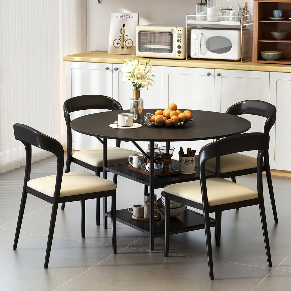 View of the 47-inch round black dining table with two-tier shelves, designed for compact kitchens and modern dining.