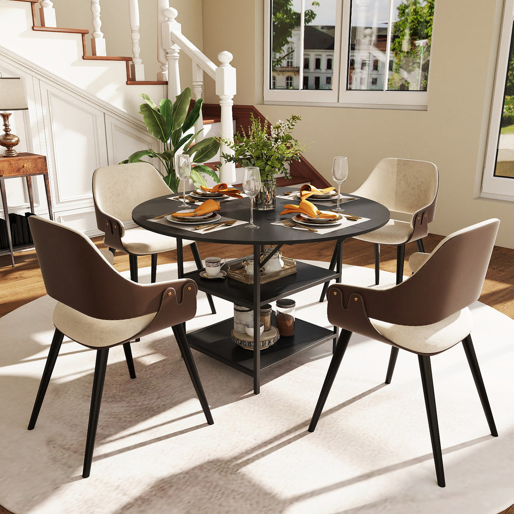 Round dining table with 2-tier storage shelves, seating 4-6, in black finish, perfect for kitchen or breakfast nook.