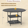 Round dining table with 2-tier storage shelves, black metal frame, seats 4-6, ideal for kitchen or apartment use.