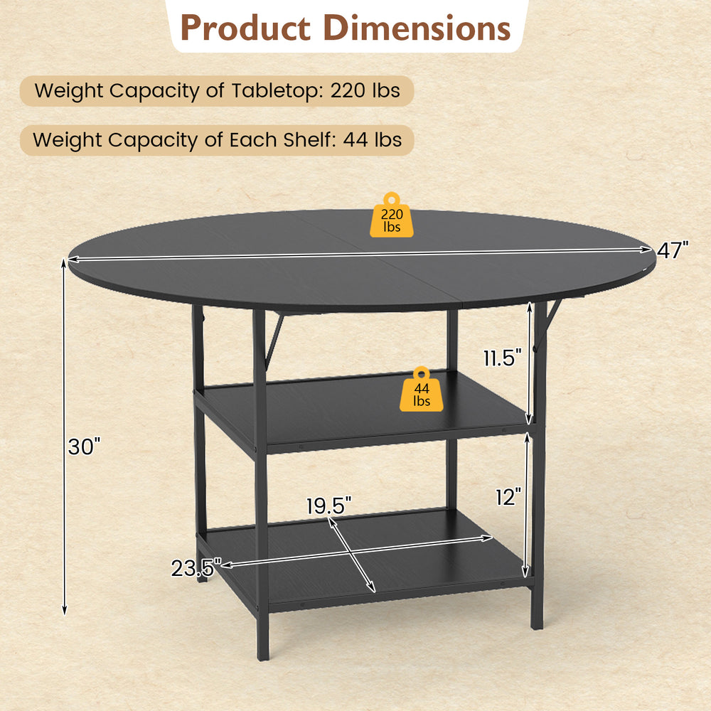 Round dining table with 2-tier storage shelves, black metal frame, seats 4-6, ideal for kitchen or apartment use.