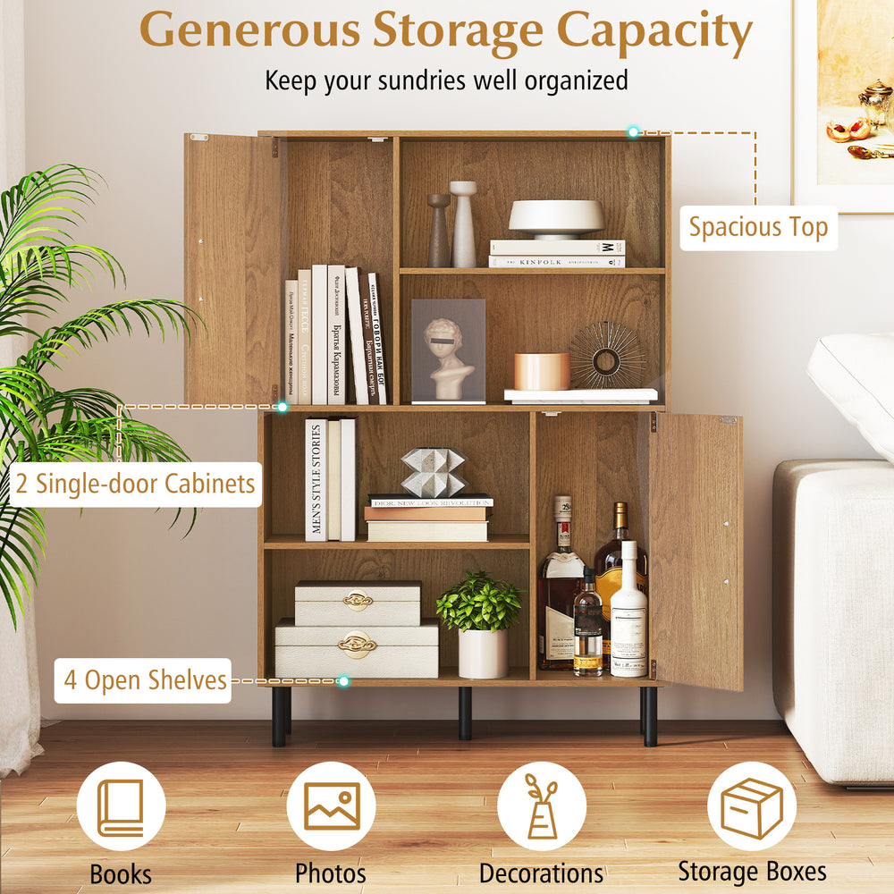 Freestanding 47-inch storage cabinet in natural finish with 2 doors, 4 open shelves, and spacious top for organization.