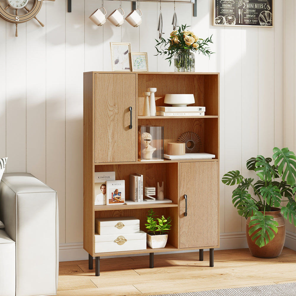 Natural wood 47-inch storage cabinet featuring a spacious top and 4 open shelves for displaying photos and decorations.