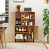 Natural wood 47-inch storage cabinet displaying wine bottles and kitchenware, enhancing organization in any space.