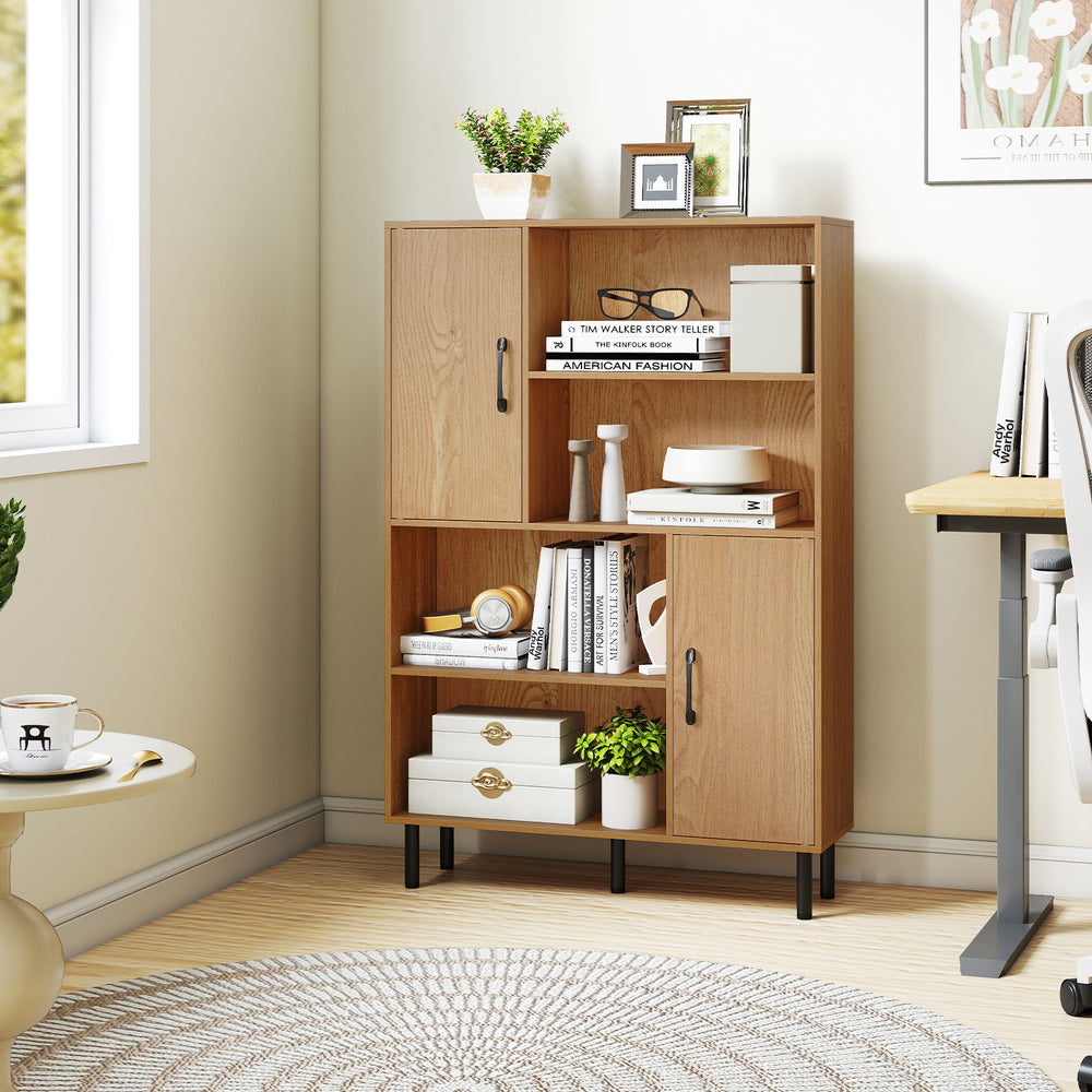 Freestanding 47-inch natural wood storage cabinet with 2 doors and 4 open shelves, ideal for organizing books and decor.