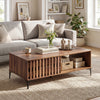 Mid-century walnut coffee table featuring 5-point heavy-duty metal legs and elegant fence doors for stylish living room.