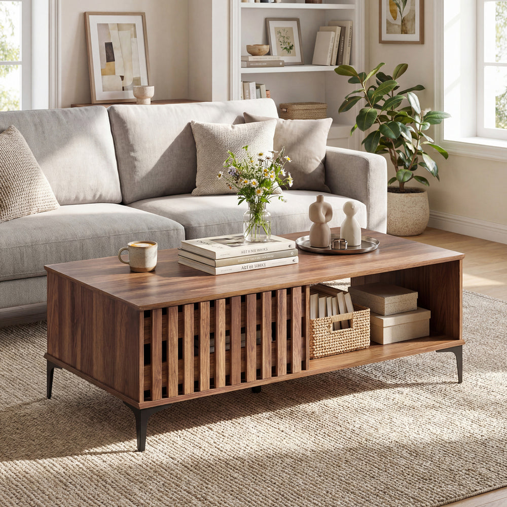 Mid-century walnut coffee table featuring 5-point heavy-duty metal legs and elegant fence doors for stylish living room.