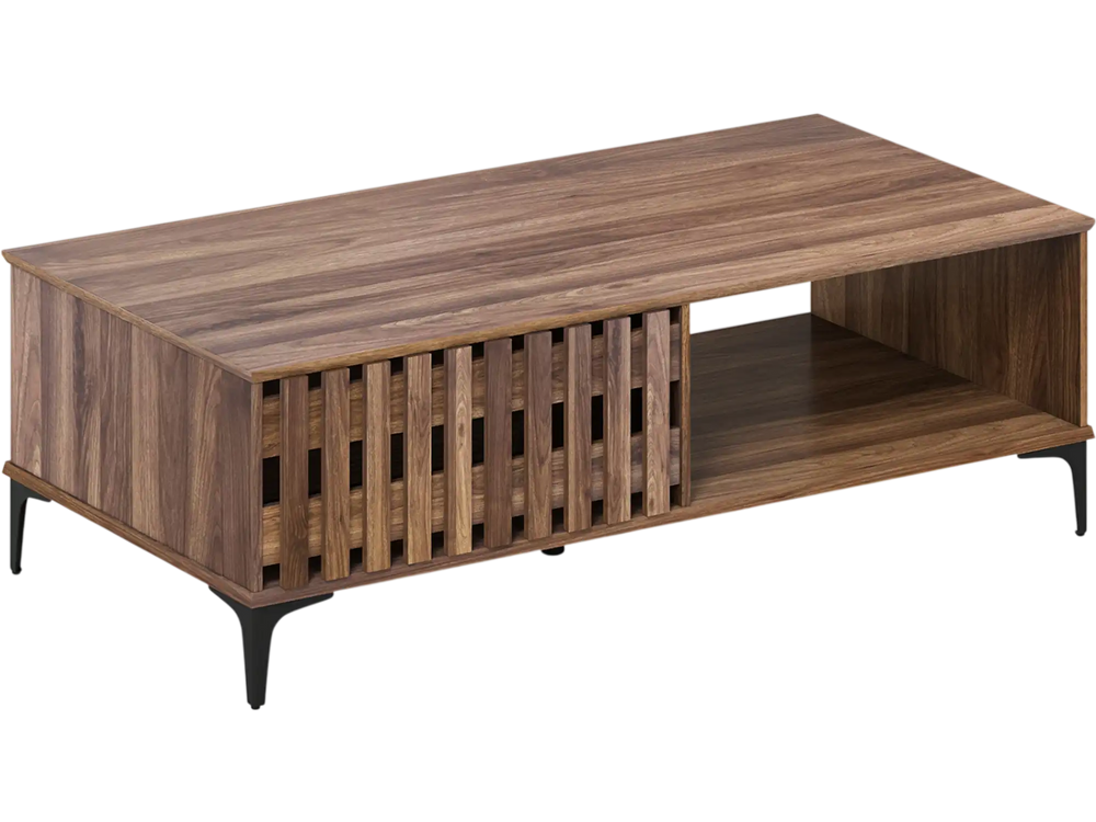 Mid-century walnut coffee table with open compartment and stylish fence door, perfect for living room or home office.