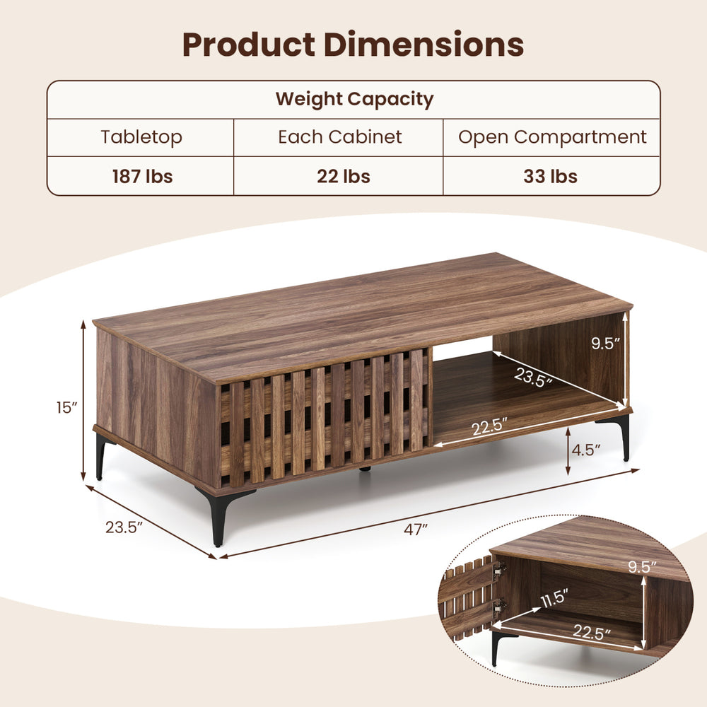 47-inch walnut mid-century coffee table with open compartment and cabinets, ideal for living room storage and decor.