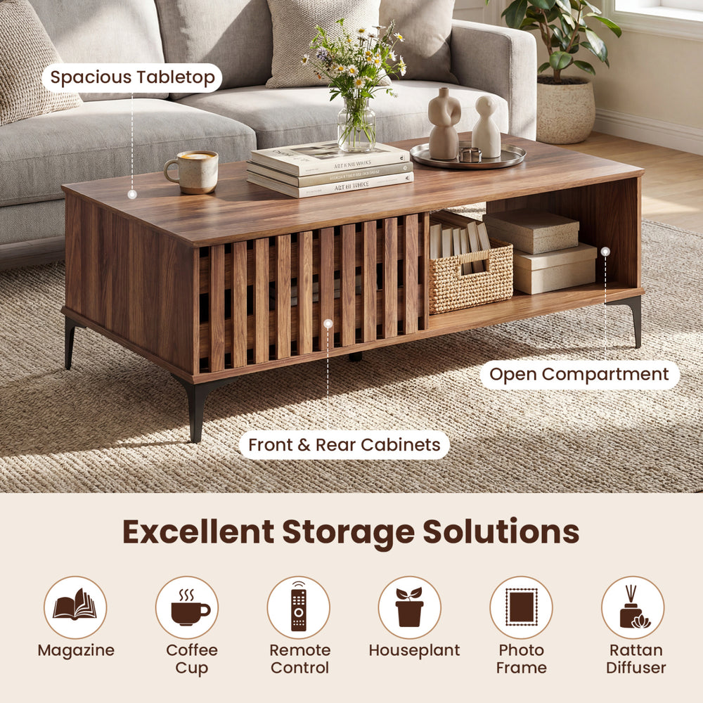 Mid-century walnut coffee table with spacious tabletop, open compartment, and stylish fence door for versatile storage.