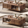 Mid-century walnut coffee table with open compartments and stylish fence doors, perfect for living room organization.