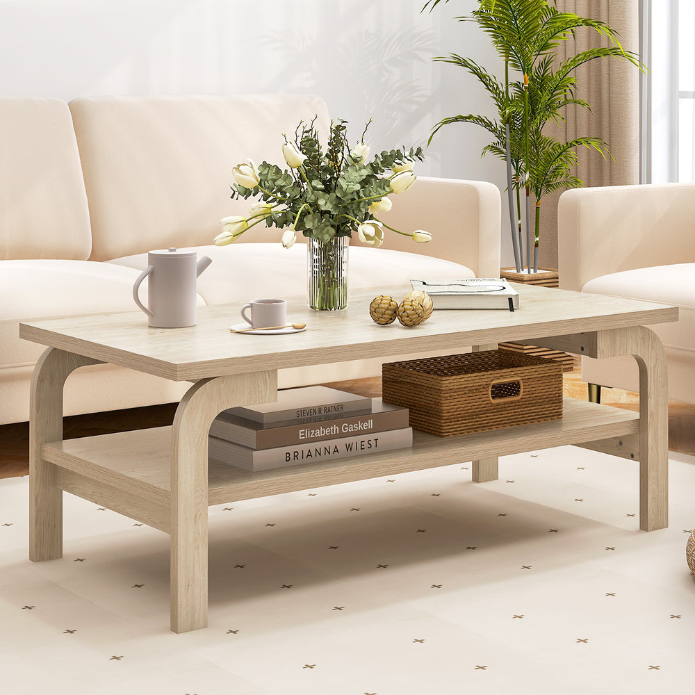 Natural 47-inch accent rectangular coffee table with open shelves, perfect for living room gatherings and stylish decor.