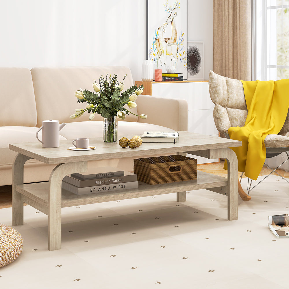 Rectangular 47-inch natural wood coffee table with open shelves, ideal for living room gatherings and stylish decor.