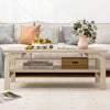 Accent rectangular coffee table in natural finish with open shelves, perfect for living room gatherings and stylish.