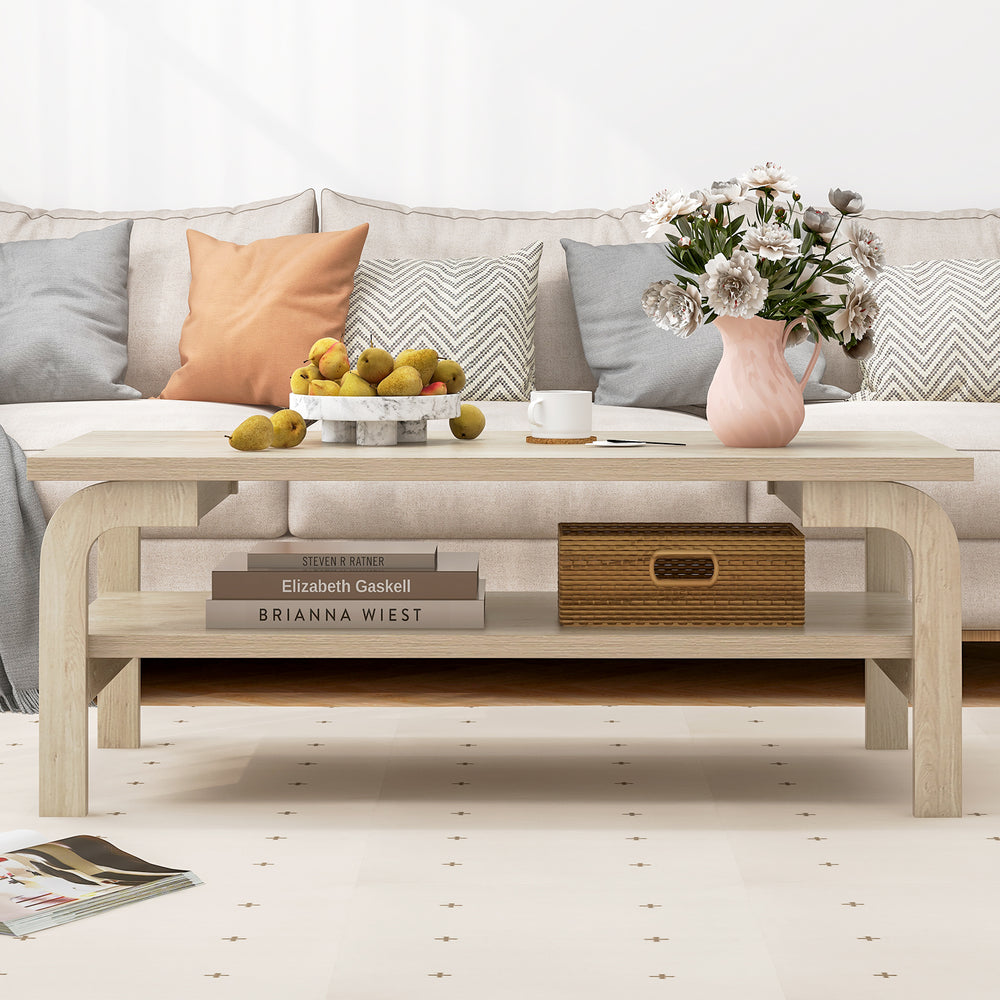 Accent rectangular coffee table in natural finish with open shelves, perfect for living room gatherings and stylish.