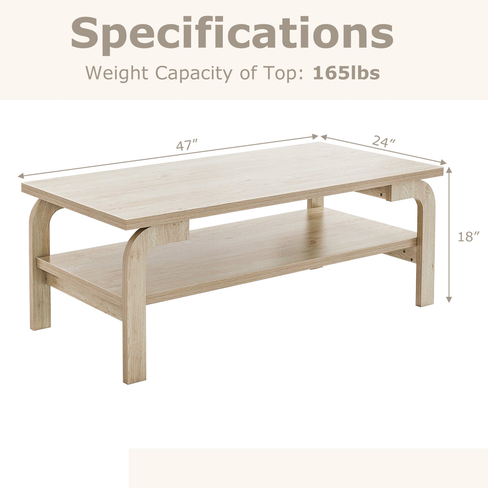 Rectangular 47-inch natural coffee table with open shelf, sturdy design, ideal for living room gatherings.