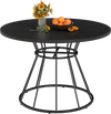 Round dining table with a black wooden tabletop and metal base, ideal for 4-6 persons in modern kitchens or dining.