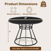 Round 47-inch dining table with black wooden tabletop and metal frame, seats 4-6, ideal for kitchens and gatherings.